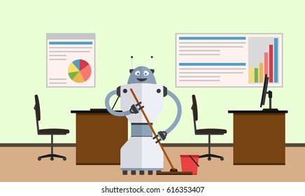 Robot cleaner in office interior. Household robot with mop. Vector illustration.