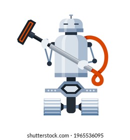 Robot cleaner on wheels holding vacuum cleaner attachment cartoon icon. Humanoid home, office helper for cleaning. Metal anthropomorphous assistant. Vector illustration isolated on white background.
