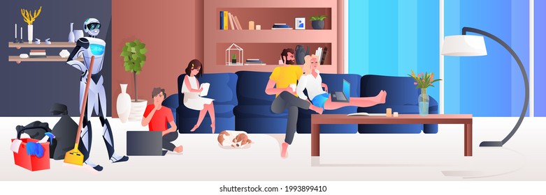 robot cleaner robotic janitor with equipment cleaning living room family relaxing at home artificial intelligence