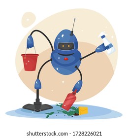 Roboterreiniger. Staubsauger zur Fußbodenreinigung, Fensterreinigung und Zimmerreinigung. Neues Konzept der Robotertechnik. Cute Vektorgrafik in flachem Stil, isoliert auf weißem Hintergrund