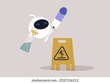 A robot cleaning the apartment, a feather duster a spray detergent, and a yellow caution sign