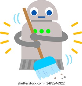 Robot cleaning up dust with a broom