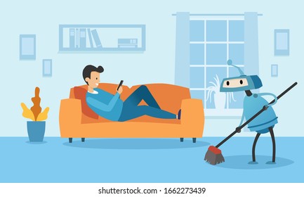 Robot Is Cleaning  A Floor And Man Is Laying On A Sofa
