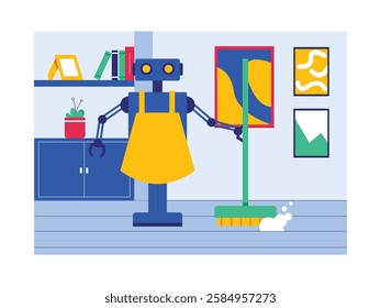 Robot is cleaning the house, smart technology. Design character. Vector flat illustration