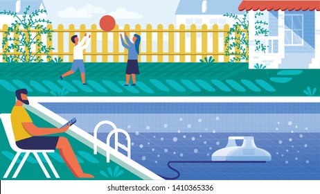 Robot Cleaning Pool Cartoon Flat Vector Illustration. Man Sitting on Deckchair and Controlling Cleaner in Dirty Water Using Remote Control. Cleaning and Water Filtration. Children Playing with Ball.