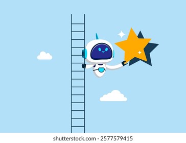 Robot climbing ladder to the the top and reaching for the shining star. Business opportunity, ladder of success or aspiration to achieve business goal concept. Flat vector illustration