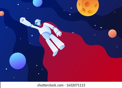 Robot in a cloak flies into space. Future technology. Vector cartoon illustration. Template for advertising banner, poster, presentation.	

