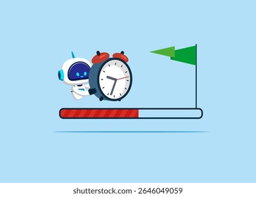 Robot with clock to from the start to success. Career path. Challenge your progress and win the race. Flat vector illustration.