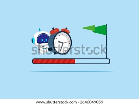 Robot with clock to from the start to success. Career path. Challenge your progress and win the race. Flat vector illustration.
