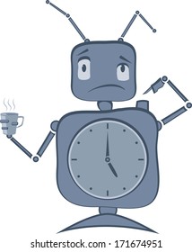 Robot with Clocks, Antenas and Cup of Coffee.