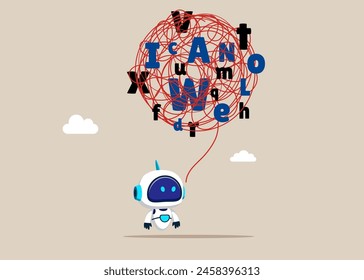 Robot with a cloud of scattered letters above cyborg. Dyslexia concept. Support relief anxiety or depression. Vector illustration
