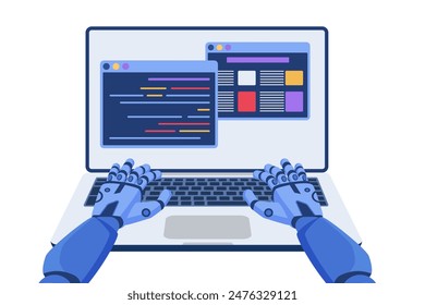 Robot que codifica y se sienta en la computadora portátil, manos de bot que trabajan con la Ilustración vectorial de dibujos animados de ventanas de programa. Desarrollo de software de automatización de código mediante IA, aprendizaje automático, servicio técnico y chat.