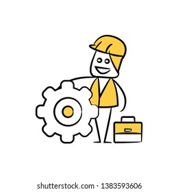 robot and cog, doodle stick figure design