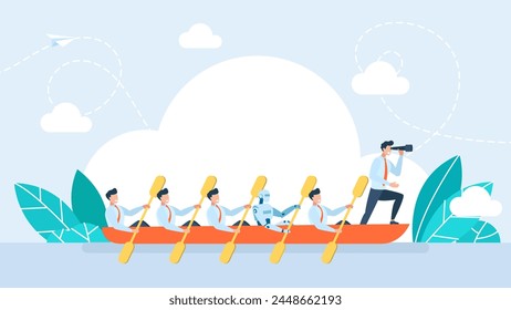 The robot collaborates with a team of people wheel bringing business people team to success. A man leads a team of humans and artificial intelligence aboard a boat. Vector illustration