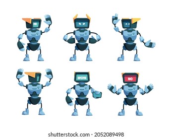 Robot collection. Funny robotic androids in action poses game characters standing jumping futuristic steel body parts garish vector flat illustrations