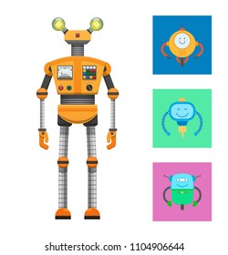 Robot collection and icons with bots, tall mechanism that has electric bulbs or scales, buttons of different colors isolated vector illustration.