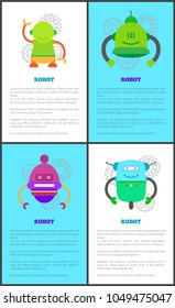 Robot collection of poster with titles and text sample robot of different types, information and images vector illustration isolated on white and blue