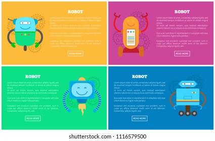 Robot collection of websites and bots types, mechanisms peculiarities set, text sample under headline cartoon vector illustration isolated on yellow.