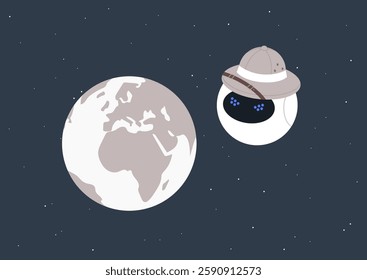 A robot colonizer, donning a cork explorer hat, gazes at Earth from orbit—blending curiosity with menace, symbolizing the eerie concept of planetary invasion and the consequences of exploration