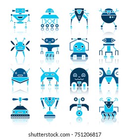 Robot color silhouette with reflection icon set. Transformer flat style collection. Cute cyborg color concept pictogram pack. Web, logo, print, card, machine, toys design. Ai sign vector illustration