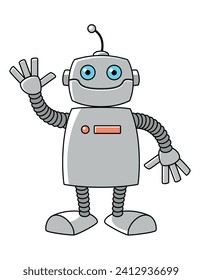 robot, color vector cartoon illustration of humanoid robot with waving hand, isolated on white background