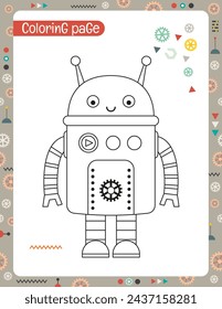 Robot Colorear página para niños. Preescolar juego imprimible para el libro de actividades Robots. Ilustración vectorial.