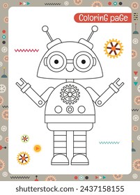 Robot Coloring page printable for kids. Preschool drawing games for Activity book. Vector illustration.