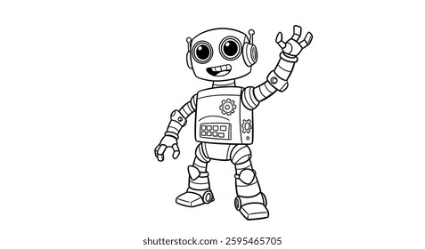 A robot coloring page with a robot waving