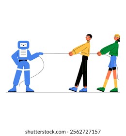 Robot Competing With Humans In Tug Of War In Flat Vector Illustration Symbolizing AI And Human Competition, Isolated On White Background.