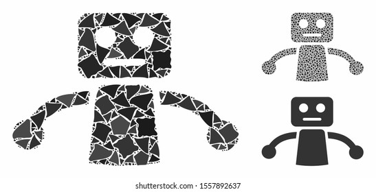 Robot composition of irregular parts in various sizes and color tones, based on robot icon. Vector tremulant parts are grouped into composition. Robot icons collage with dotted pattern.