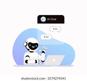 A robot at a computer communicates in a chat. Artificial intelligence - an assistant in business and customer service. Vector business concept. Flat cartoon art. - Powered by Shutterstock - Get 15% off with code: PIKWIZARD15