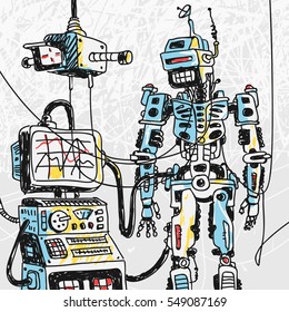 Robot and Computer Technology Vector Illustration