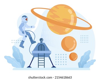 Robot concept. Artificial intelligence and human synergy. Robot for people assistance. AI as a part of people life, future technology concept. Flat vector illustration