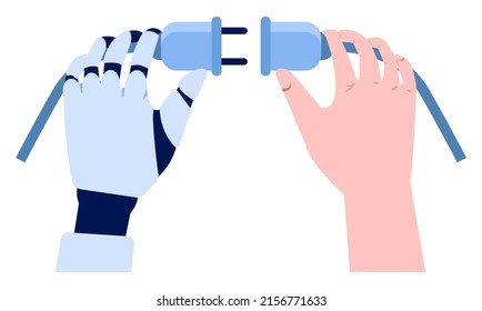 Robot concept. Artificial intelligence and human synergy. Robot for people assistance. AI as a part of people life, future technology concept. Flat vector illustration
