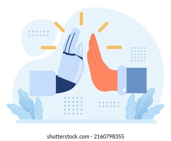 Robot concept. Artificial intelligence and human synergy. Robot for people assistance. AI as a part of people life, future technology concept. Flat vector illustration