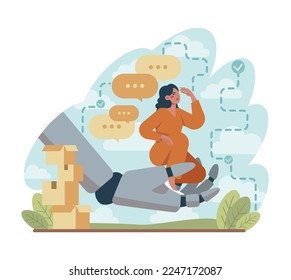 Robot concept. Artificial intelligence and human synergy. Robot for people assistance. AI as a part of people life, future technology concept. Flat vector illustration