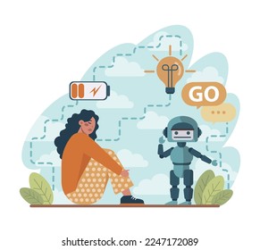 Robot concept. Artificial intelligence and human synergy. Robot for people assistance. AI as a part of people life, future technology concept. Flat vector illustration