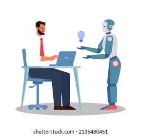 Robot concept. Artificial intelligence as a part of human routine. Personal robot for people assistance. AI helps people in their life, future technology concept. Flat vector illustration