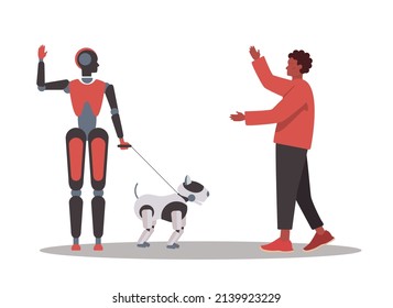 Robot concept. Artificial intelligence as a part of human routine. Personal robot for people assistance. AI helps people in their life, future technology concept. Flat vector illustration
