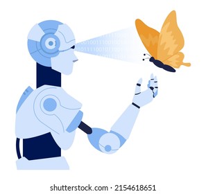 Robot concept. Futuristic character interact with nature. Humanoid communicate with life. Flat vector illustration
