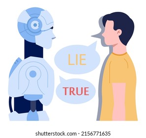 Robot concept. Futuristic character interact with person. Humanoid communicate with man. Flat vector illustration