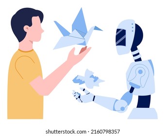 Concepto de robot. Carácter futurista intenta crear arte. El humanoide se comunica con la persona. Ilustración vectorial plana