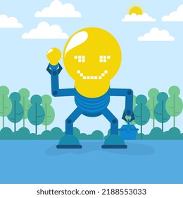 Robot concept with right hand Holding Light Bulb and left hand holding toolbox Flat Vector Illustration