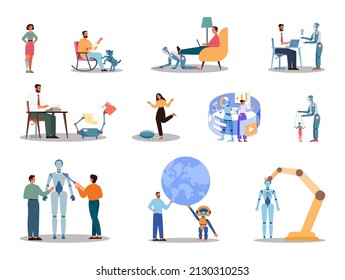 Robot Concept Set. Artificial Intelligence And Human Synergy Or Competing. Robots And People Communication Dilemma. AI As A Part Of People Life, Future Technology Concept. Flat Vector Illustration