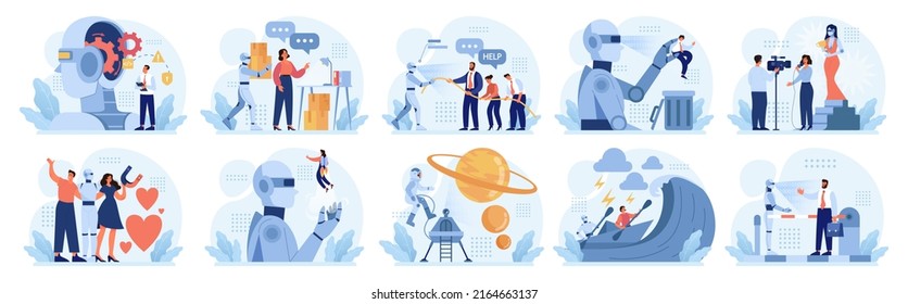 Robot concept set. Artificial intelligence and human synergy. Robot for people assistance. AI as a part of people life, future technology concept. Flat vector illustration