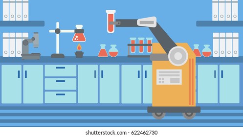 Robot conducting experiments in a laboratory. Robot working in a laboratory with a test tube. Robot manipulating with test tube in a laboratory. Vector flat design illustration. Horizontal layout.