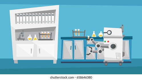 Robot conducting experiments in a laboratory. Robot working in a laboratory with a test tube. Robot manipulating with test tube in a laboratory. Vector flat design illustration. Horizontal layout.