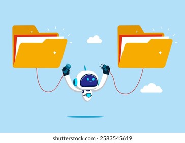 Robot connect between folder. Arrange online data or paperwork concept, file management, coding to exchange information for website. Vector illustration in flat style