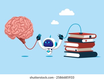 Robot connecting brain and books. Read books, improve literacy and numeracy skills. Vector illustration