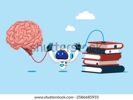Robot connecting brain and books. Read books, improve literacy and numeracy skills. Vector illustration